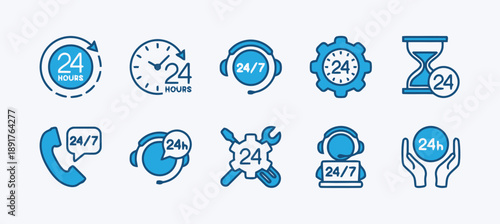 Customer support icons in blue with 24/7 symbols, headsets, clocks, and helping hands to convey round the clock assistance and service availability