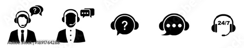 Customer support icons with headset symbols, speech bubbles, question marks, and 24/7 service indicators, representing help desk and assistance, professional vector graphics for communication
