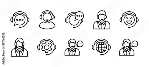 Customer support and service icons including operators with headsets chat bubbles globe and gear symbols for call center assistance