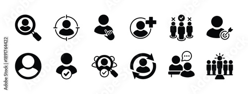 Diverse collection of user icons and profile symbols representing recruitment and teamwork, ideal for digital platforms, applications, and presentations focusing on human resources and collaboration.