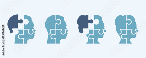 Diverse human heads in profile represented as puzzle pieces symbolizing diverse thoughts, integration, and unique perspectives of people in society.