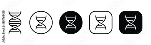DNA helix icons in various styles and containers like circle and square, representing genetics, biology, science, and research, simple vector graphics