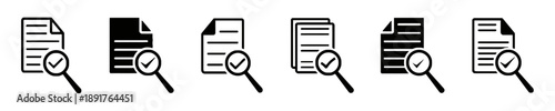 Document with magnifying glass and checkmark symbol, representing audit, verification, inspection and searching process for legal documents