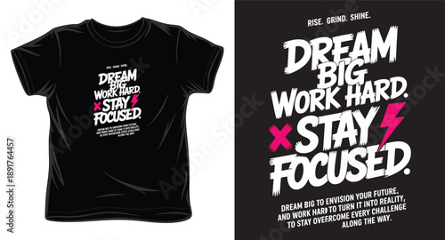Rise grind shine dream big work hard stay focused motivational typography with lightning bolt icon for apparel