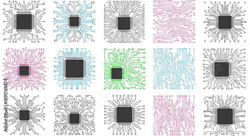 Collection of abstract digital circuit board patterns in various colors