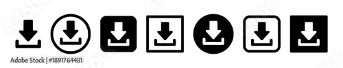 Download icon set featuring arrow pointing down into tray symbol in various frame styles including circle square rounded corners and solid backgrounds for digital interface and web design usage