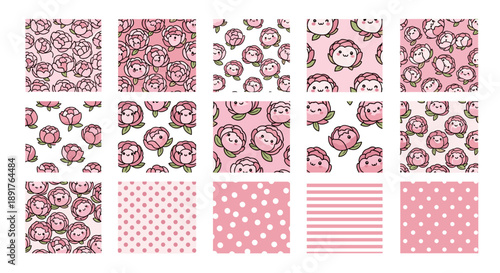 Collection of pink floral and polka dot patterns for design projects