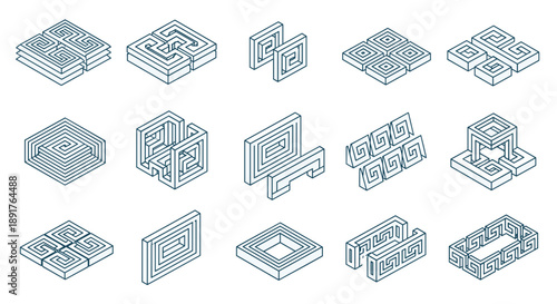 Collection of isometric 3d maze and puzzle illustrations set