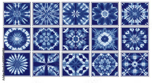 Collection of blue snowflake patterns with intricate designs and symmetry