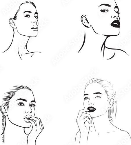 Four black and white line of women's faces and shoulders in profile and frontal views