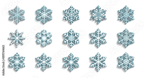 Collection of twelve detailed blue snowflakes with intricate patterns