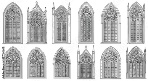 Collection of gothic style stained glass windows with intricate designs