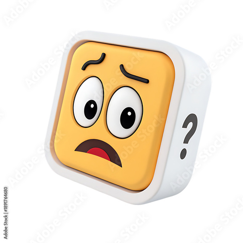 3 D puzzled face emoji sticker with bold outline and question mark isolated on a transparent background