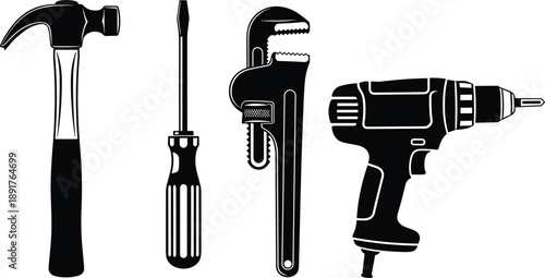 Hand tool silhouette illustration set, construction and DIY concept, black and white design, repair and maintenance symbol pack