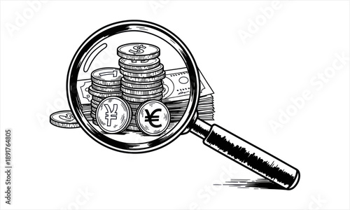 Magnifying Glass Examining Stacks of Coins and Banknotes.