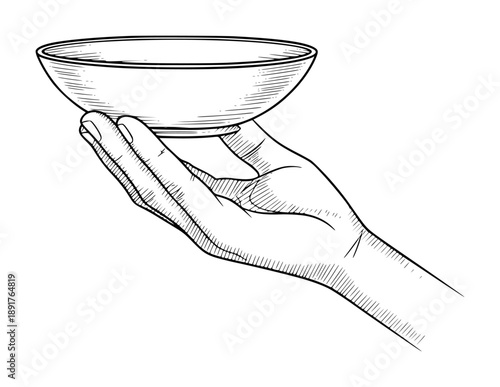 Hand holding a bowl with a delicate style a white background line vintage