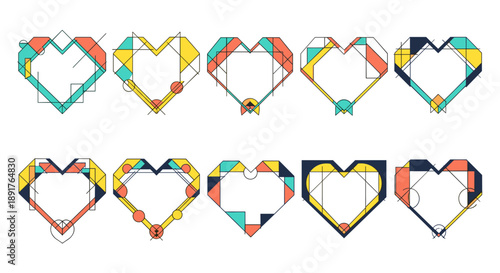 Set of colorful heartshaped paper clips arranged in a row