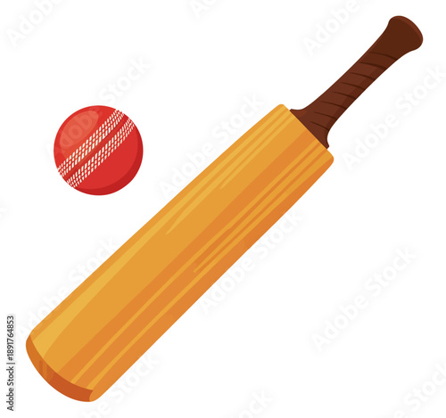 Red cricket ball and wooden bat white background sport game