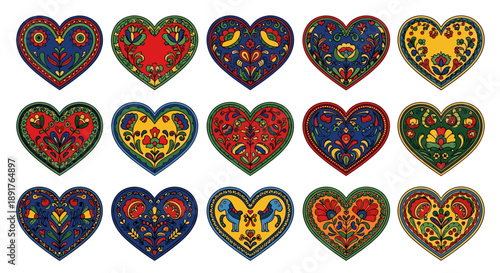 Set of colorful embroidered heart motifs with floral patterns and details