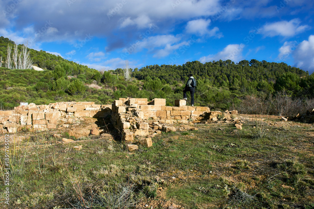 Fototapeta premium Man standing on the ruins of the Bargota monastery on the Camino de Santiago