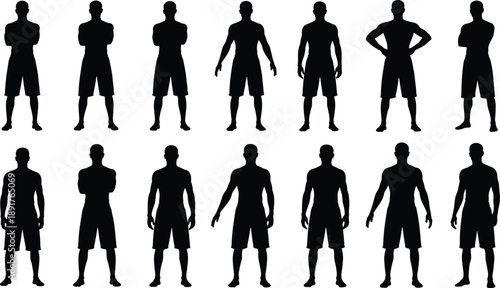 Silhouette illustration of human posture variations, gesture and stance concept, black and white design, character and body language reference