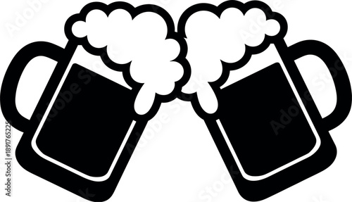 Beer mugs clinking together with frothy head illustration design