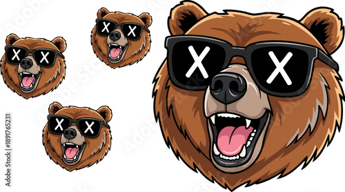 Several cool cartoon brown bear heads wearing stylized black sunglasses with white x's across the lenses are isolated against a dark background