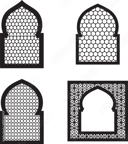 Four black Islamic architectural window with geometric patterns Islamic architecture
