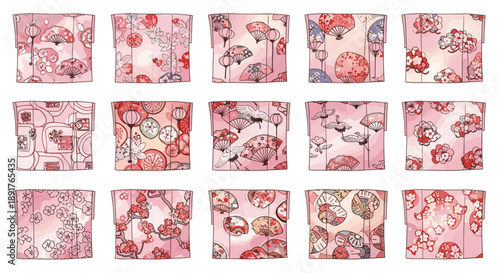 Set of twelve pink and red floral patterned fabric pieces for crafts
