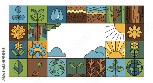 Colorful nature and environment themed mosaic with plants and sky