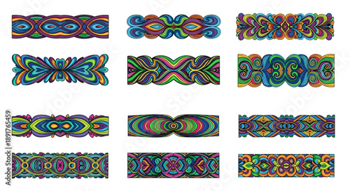 Colorful embroidered decorative bands with intricate patterns and designs