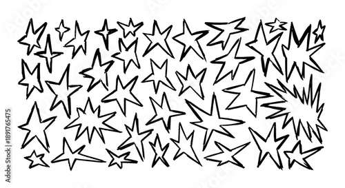 Chalk crayon doodle stars set. Shine and sparkle hollow hand drawn collection with children style black wax pencil elements. Grunge textured star shapes. Vector illustration.