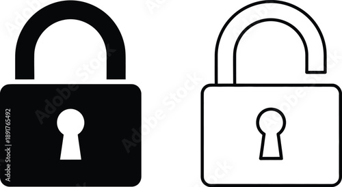 Locked and Unlocked Padlock Icon Set, Flat Glyph Illustration, Black and White Style