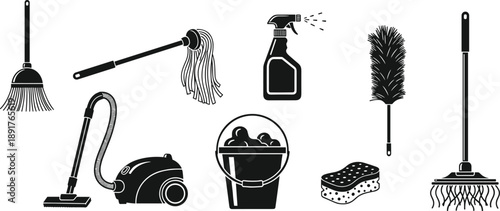 Cleaning tools and supplies icons set, hygiene and sanitation concept, cad drawing flat vector illustration, black and white design