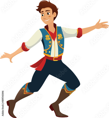 Young man in traditional folk costume dancing vector character illustration for fairytale and cultural concept