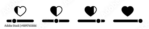 Four black heart slider icons with fill levels indicating progression from empty to full, representing emotional states and relationship development with a track bar