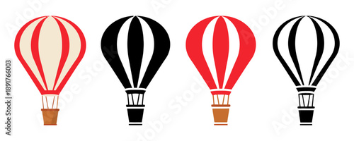 Four hot air balloon illustrations in different styles and color combinations, featuring vibrant stripes and baskets, symbolizing travel adventure and freedom journey exploration exploration flight