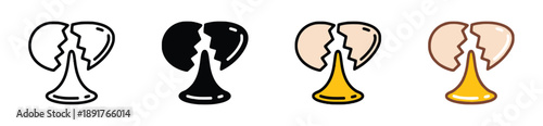 Four icons depicting broken eggs with yolk dripping, in various styles like outline, solid black, yellow yolk, and white outline with brown border, representing cracked eggs
