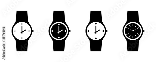Four minimalist watch icons showcasing different styles and face designs, timekeeping devices, symbols for punctuality, scheduling, and time management tools