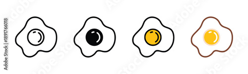 Four icons of fried eggs in different styles, including outline, solid black, yellow yolk and white outline, representing breakfast food, vector illustration