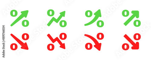 Eight percentage icons with arrows, four green upward trending and four red downward trending, indicating growth and decline, finance and business symbols
