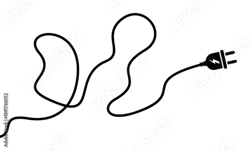Electrical plug with a lightning bolt symbol and a long, tangled power cord, symbolizing energy, connection, or technical concepts.