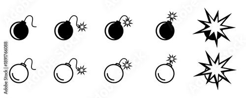 Explosive bomb countdown animation sequence icons showing fuse burning from start to explosion in black and white outline style for game interface and comics visual effects design elements package