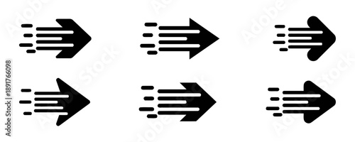 Fast arrow vector icons set with motion lines representing speed efficiency progress direction movement for web design interface navigation apps digital graphics software developers business tools