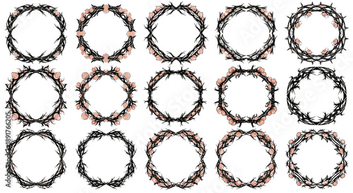 Set of twelve decorative floral wreaths with various designs and styles