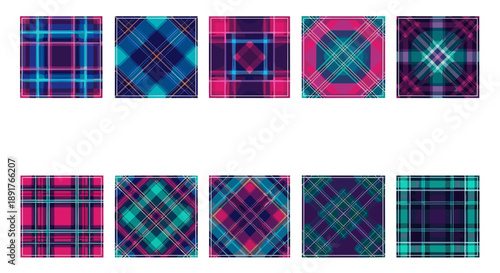 Collection of colorful plaid patterns with various geometric designs
