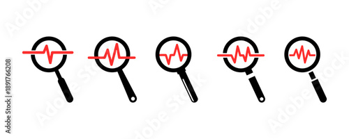 Five magnifying glass icons analyzing a red wavy line graph, representing data analysis, research, and scientific discovery with varying styles