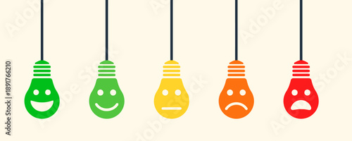 Five light bulbs with different emotions shown as smiley faces, from very happy green to angry red, symbolizing customer feedback and rating system, colorful vector illustration