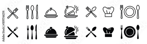 Food and dining icon collection showing crossed utensils plates chef hats and covered dishes in outline and solid black versions for restaurant websites