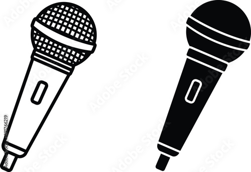 Microphone Outline and Solid Icon Set Black and White Isolated Line Art Style